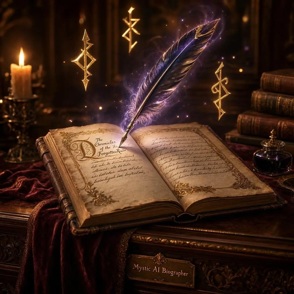 AI biographer writing on illuminated parchment